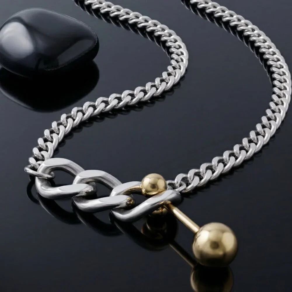 Two Tone 18K Gold Plated Stainless Steel Link Chain Necklace Ball Bar Pendant